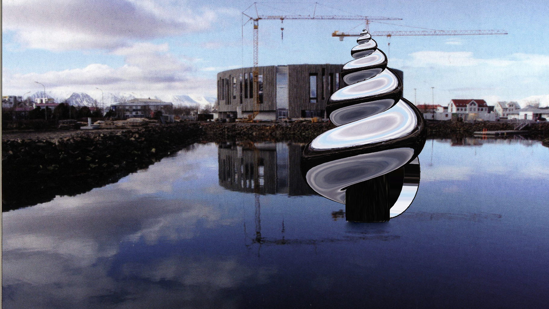 large silver spiral shell over water