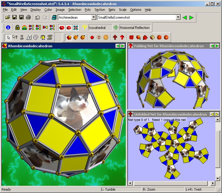 Stella software: Rhombicosidodecahedron - example showing polyhedron, partially folded, and flattened net