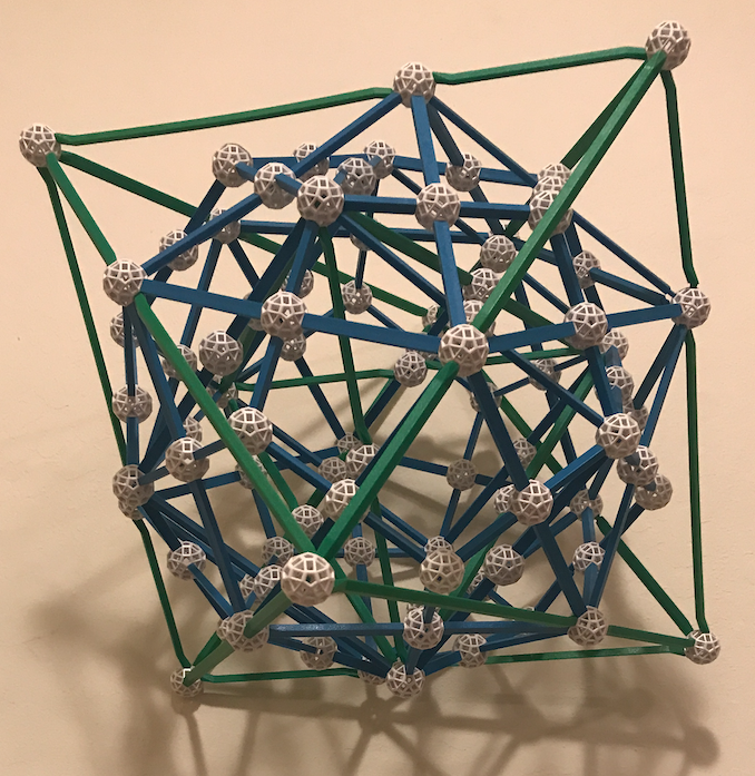 All Five Polyhedra - Octahedron outermost: Nested Platonic Solids model using Zometool; note the golden ratio division of octahedral edges defining icosahedron vertices