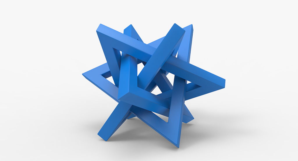 polyhedron made of interlocking blue triangles