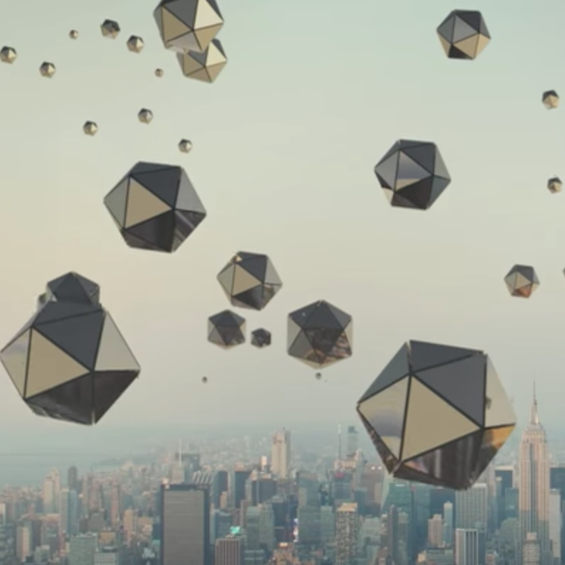 mirror-faced icosahedra descend on a city