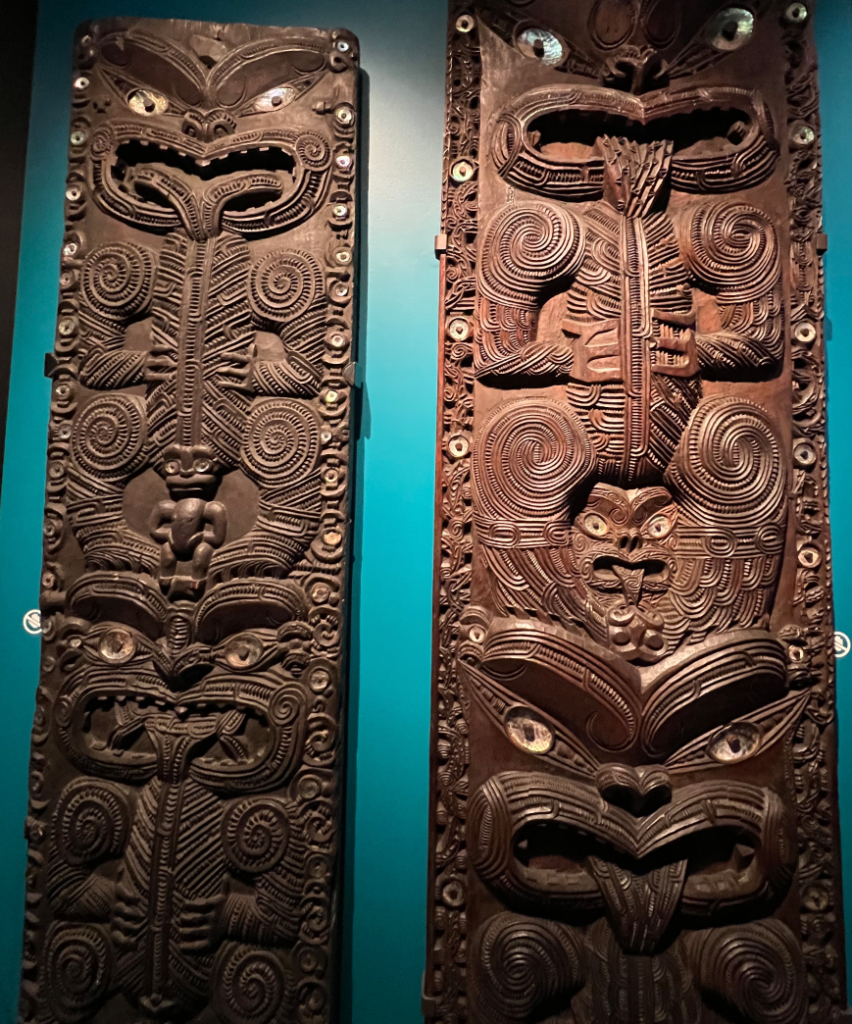 New Zealand: Napier museum; Maori wood carvings with numerous spiral forms