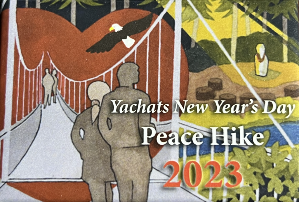 Button art: Yachats New Year's Day Peace Hike 2023