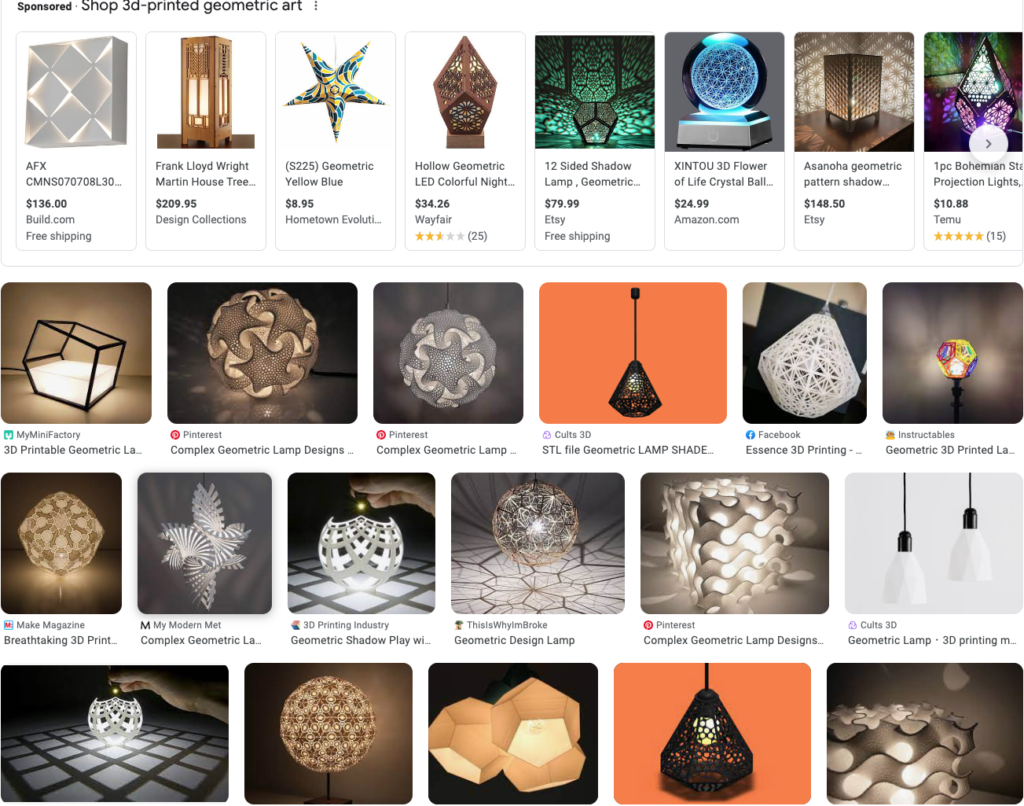 Google search results: 3d-printed geometric art - lamps