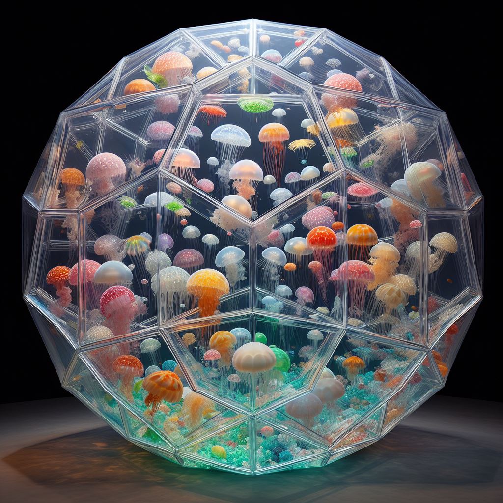 Dall-E 3 AI-generated image using prompt "make an image of a large translucent dodecahedron filled with multi-colored jellyfish" thanks to Dave Van Dyke
