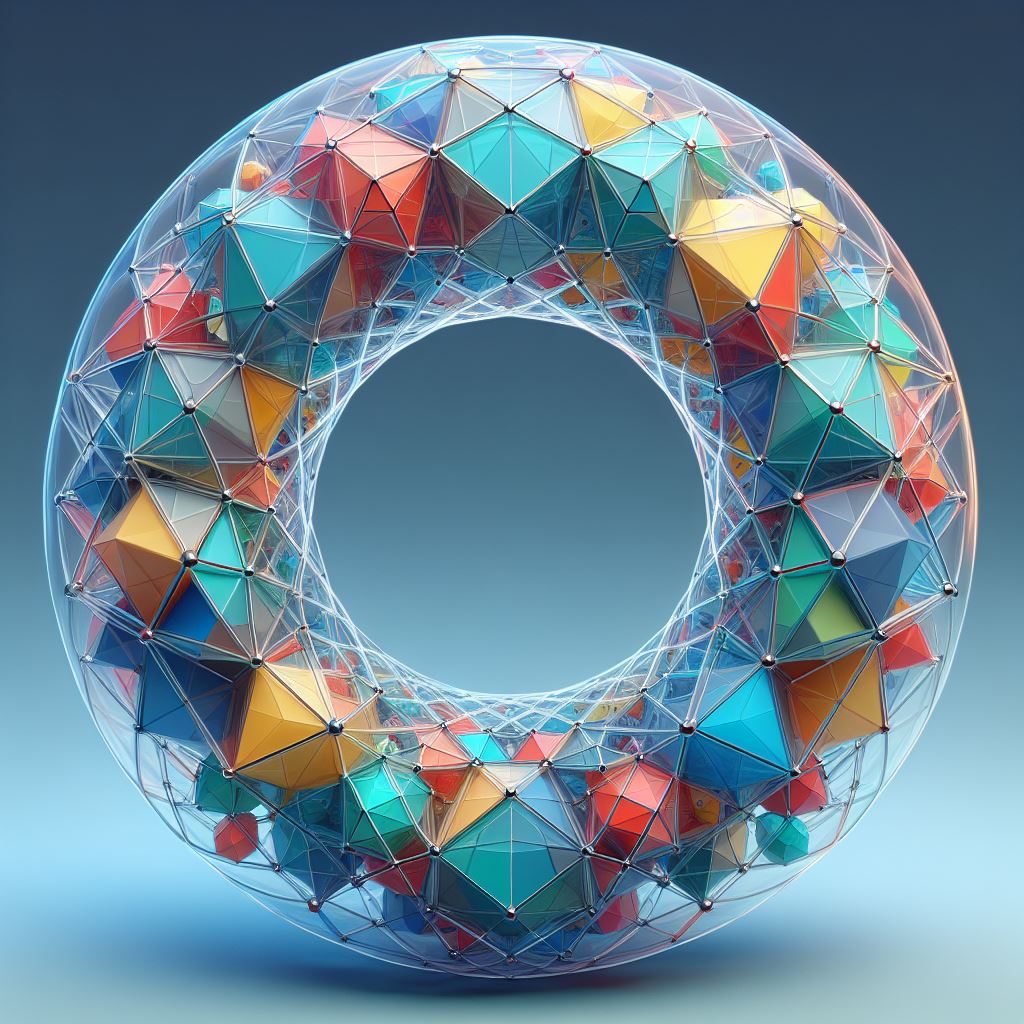 Dall-E 3 AI-generated image using prompt "make an image of a translucent toroidal ring filled with multi-colored platonic solids" thanks to Dave Van Dyke