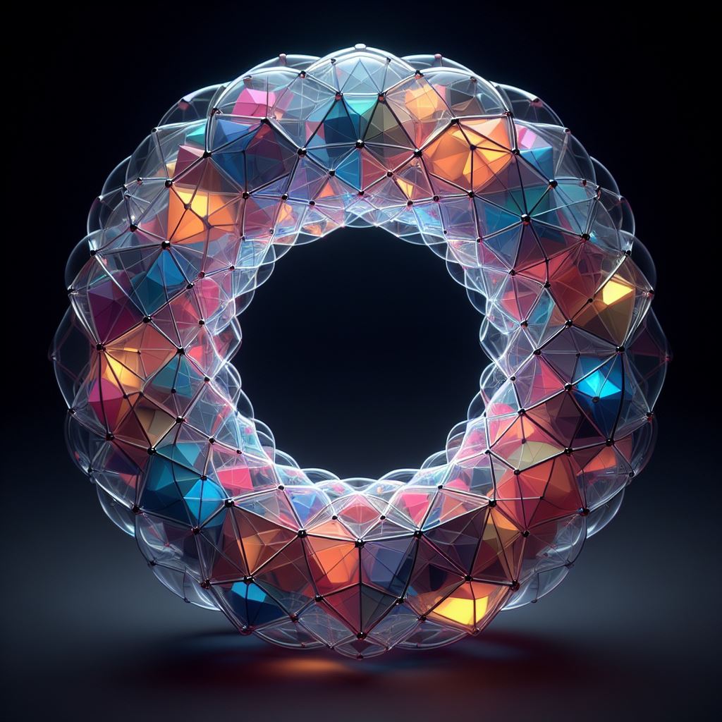 Dall-E 3 AI-generated image using prompt "make an image of a translucent toroidal ring filled with multi-colored platonic solids" thanks to Dave Van Dyke